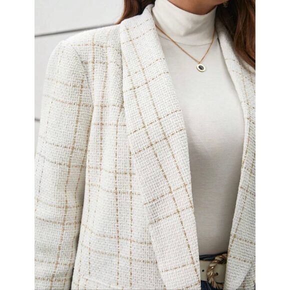 Woman’s SHEIN SZ L White Gold Frenchy Plaid Shawl Collar Open Front Blazer - Picture 3 of 8
